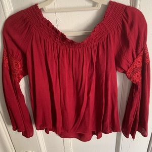 Onetheland S Burgundy shirred collar LS off shoulder lace ruffle sleeve blouse